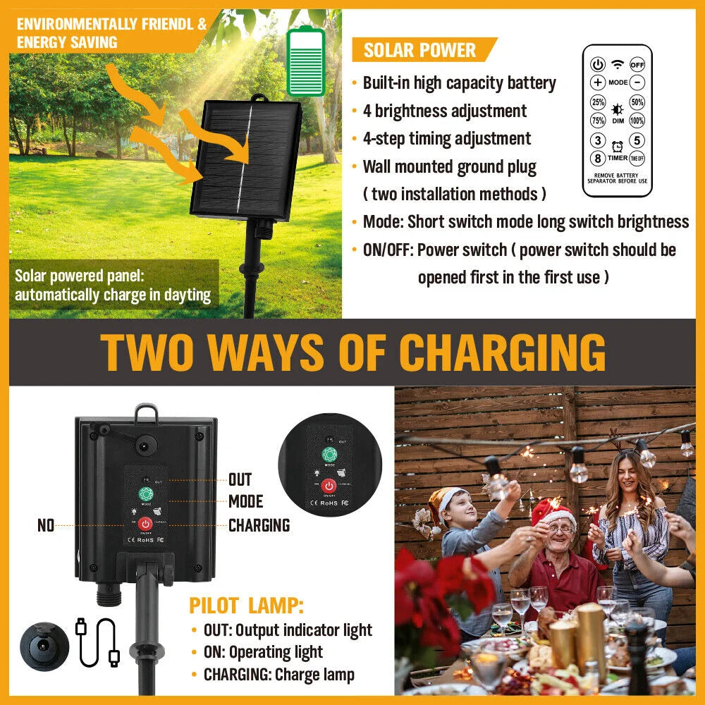 Festoon String Lights Solar Power 15 LED 18.2M Wedding