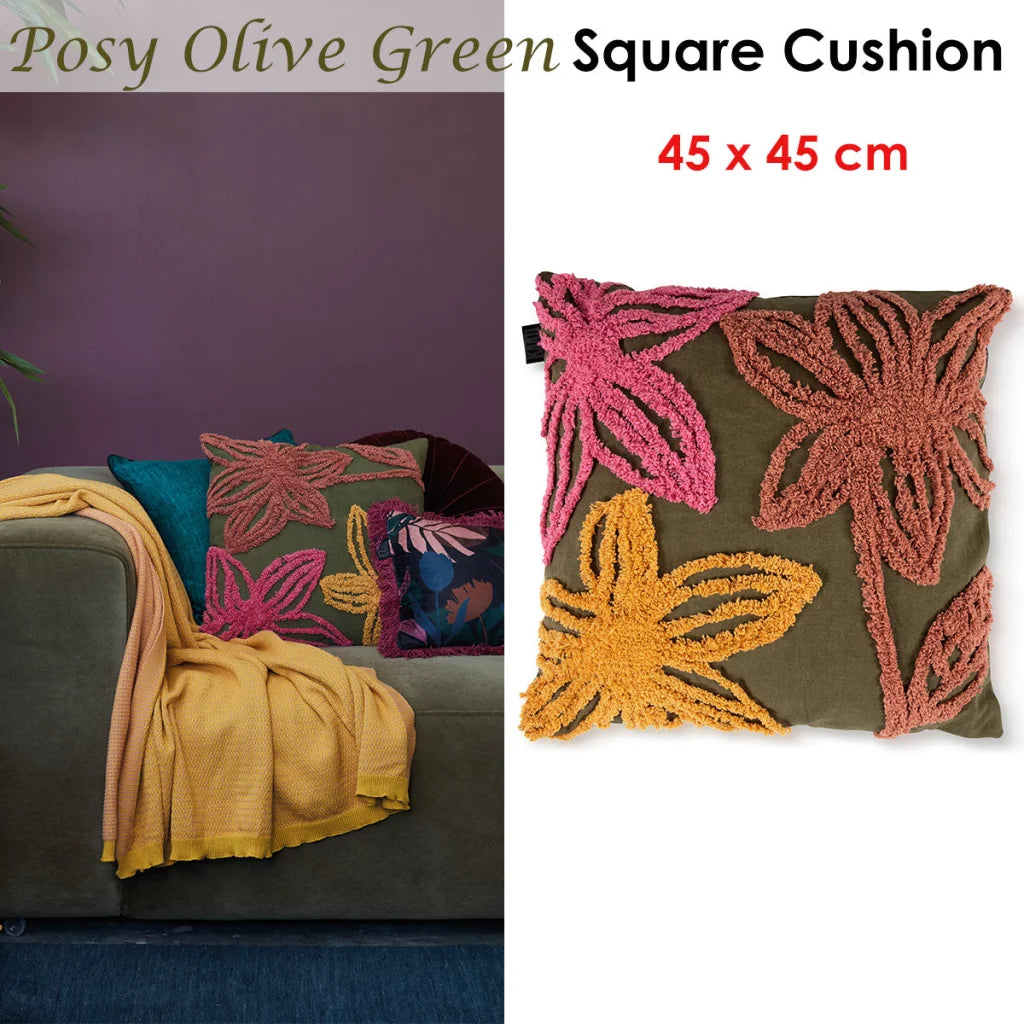 Filled Square Cushion Bedding House Posy - Olive Green