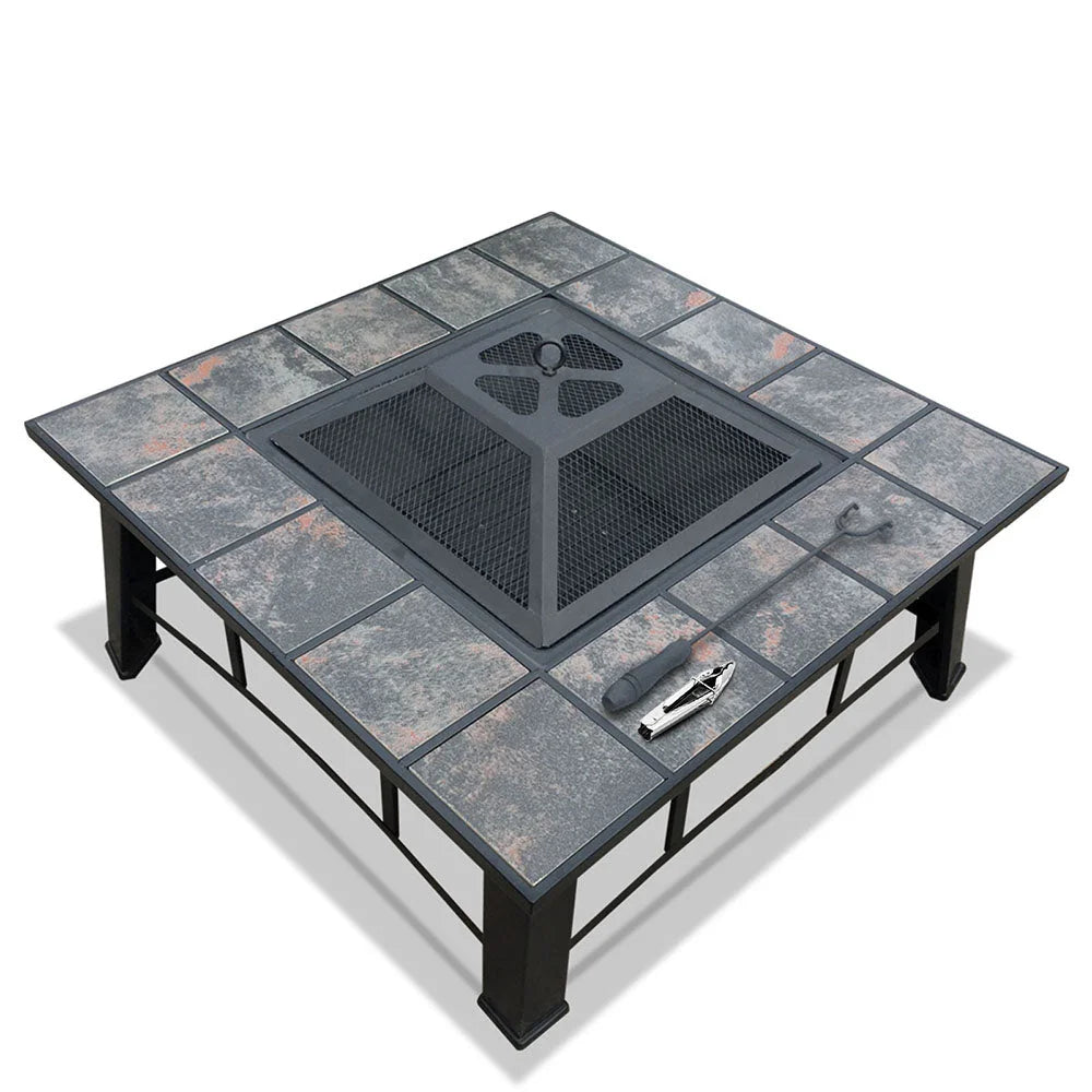 Wood table with fire pit bbq grill