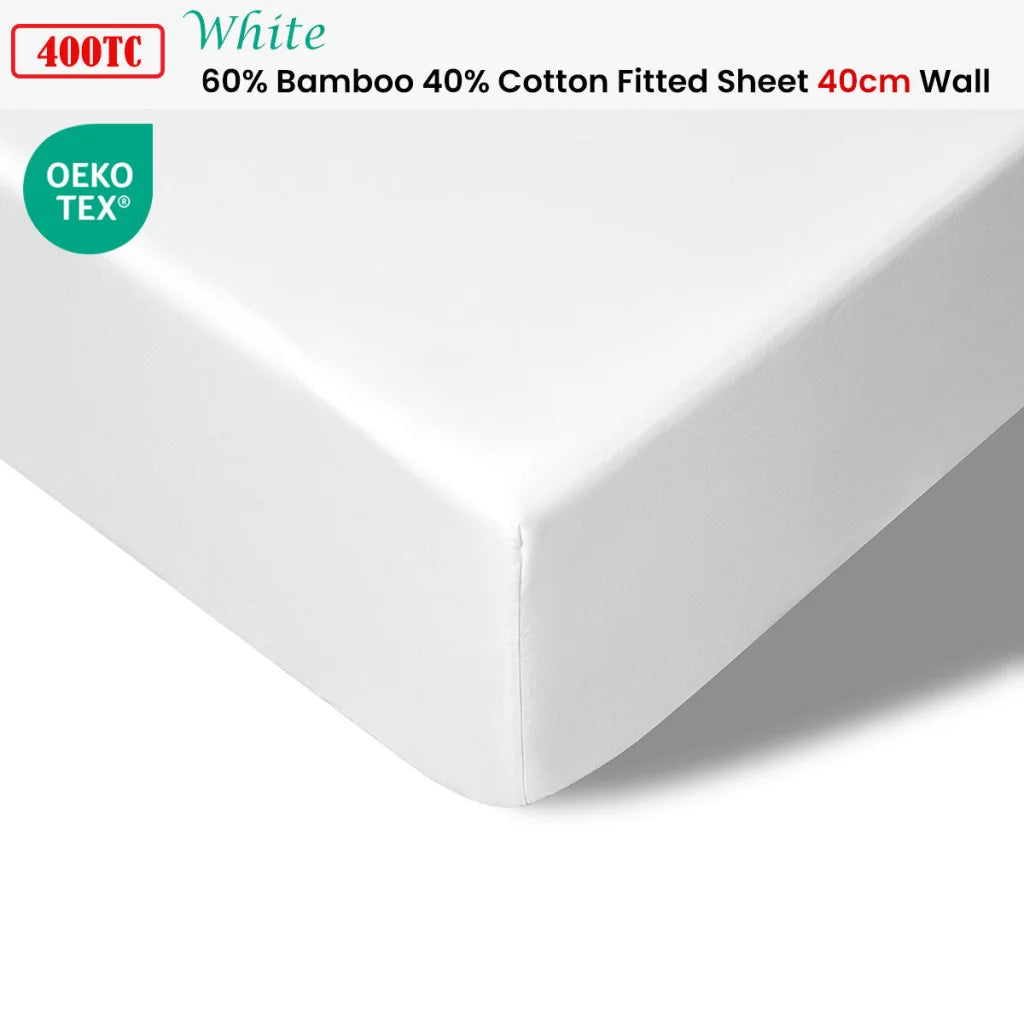Fitted Sheet King 400TC White Bamboo Cotton 40cm Wall