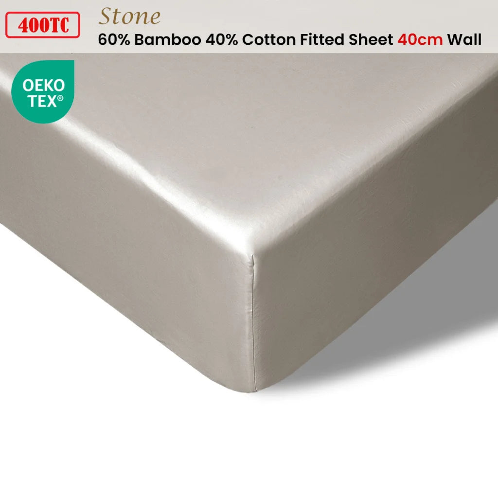 Fitted Sheet Queen 400TC Stone Bamboo Cotton 40cm Wall
