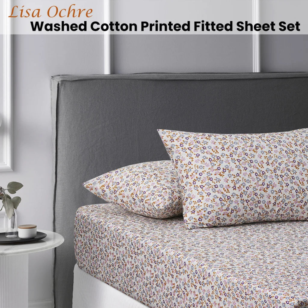 Fitted Sheet Set King Accessorize Lisa Ochre Washed Cotton