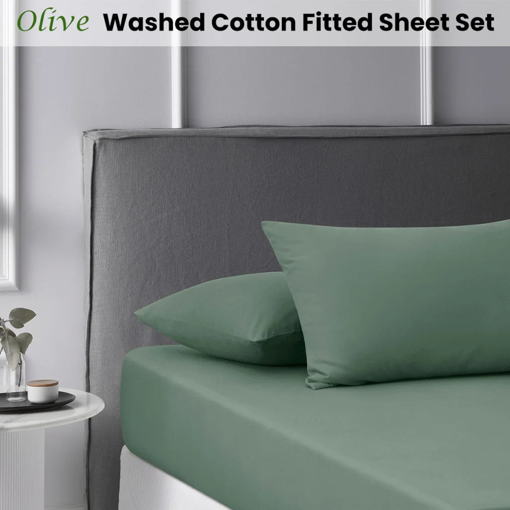 Fitted Sheet Set King Accessorize Olive Washed Cotton