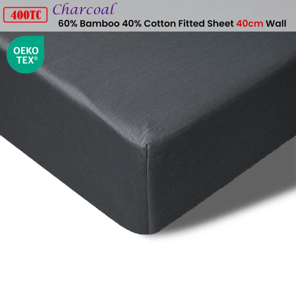 Fitted Sheet Single 400TC Charcoal Bamboo Cotton 40cm Wall