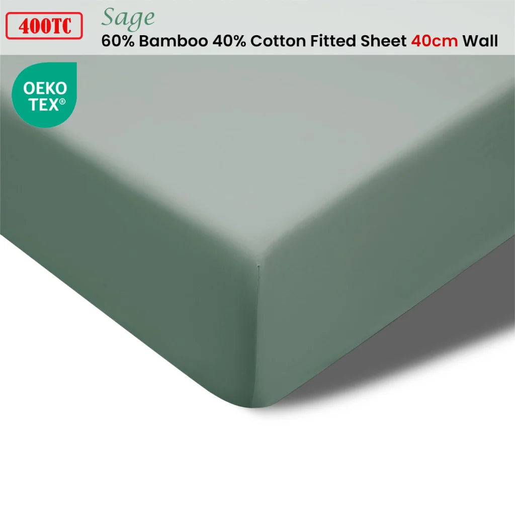 Fitted Sheet Single 400TC Sage Bamboo Cotton 40cm Wall