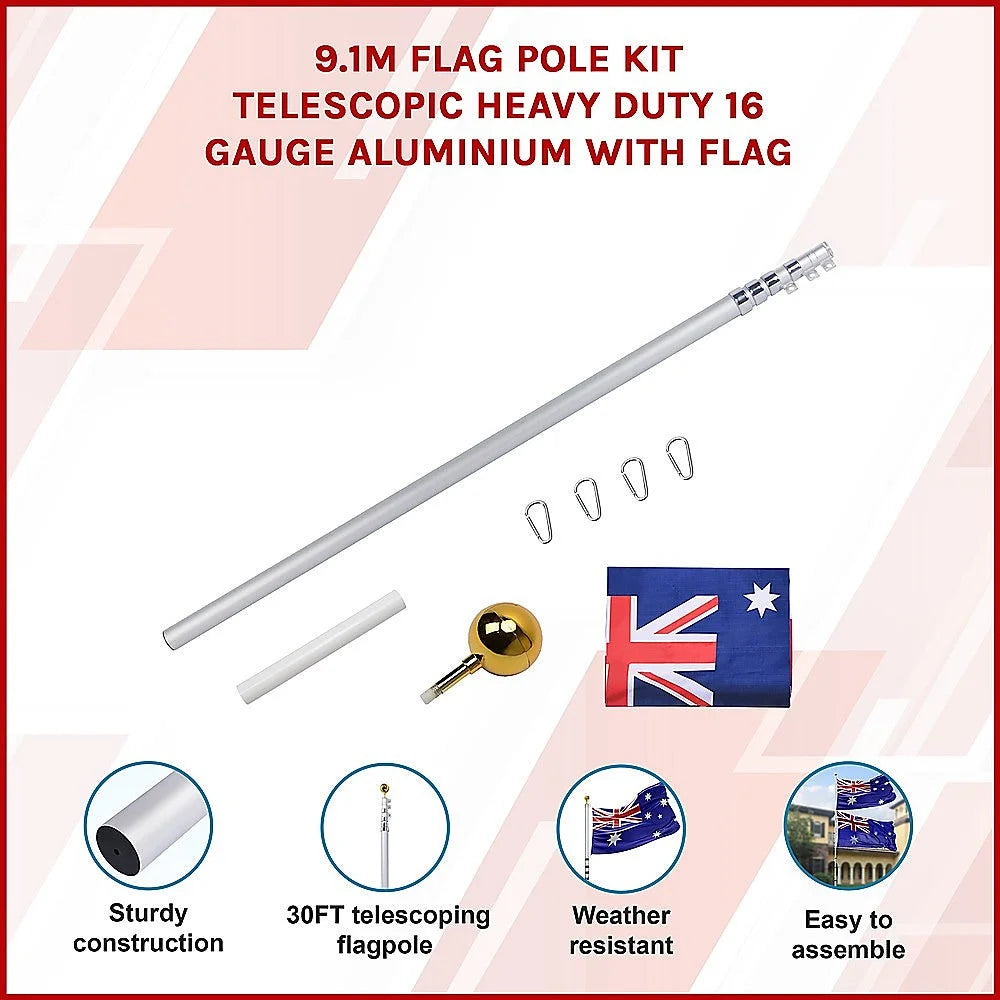 Flag Pole Kit 9.1m Telescopic Heavy Duty 16 Gauge Aluminium