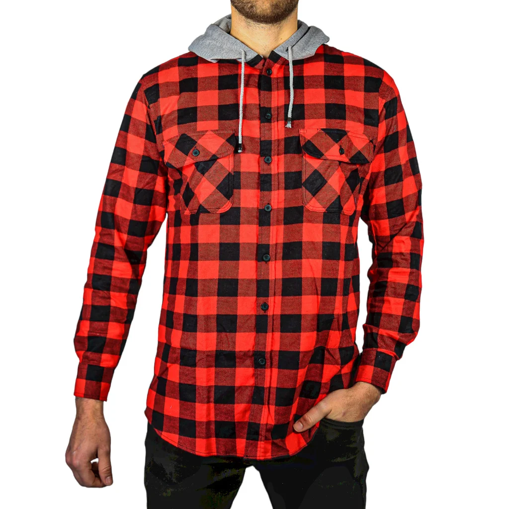 Flannelette Shirt Mens Cotton with Jersey Hood Long Sleeve