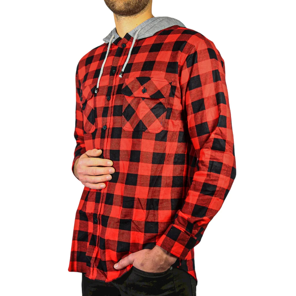 Flannelette Shirt Mens Cotton with Jersey Hood Long Sleeve