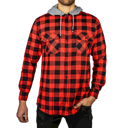 Flannelette Shirt Mens Cotton with Jersey Hood Long Sleeve