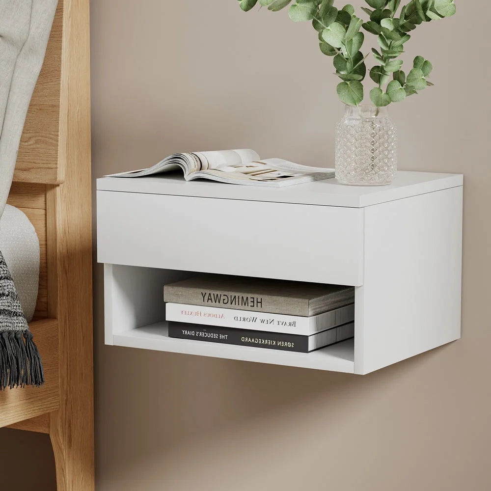 White table with floating bedside nightstand drawer