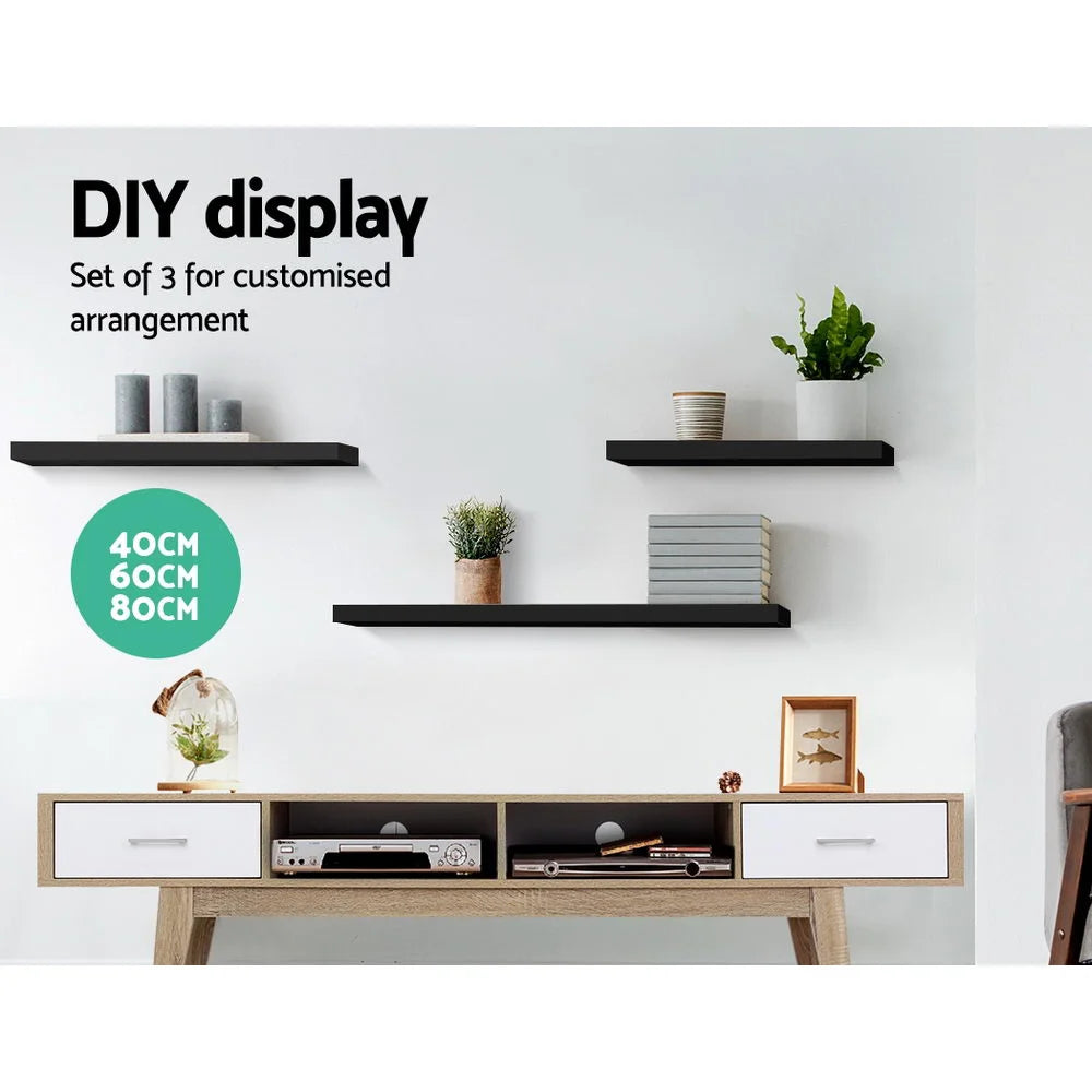 Floating Wall Shelves Set of 3 - Black - Living Room