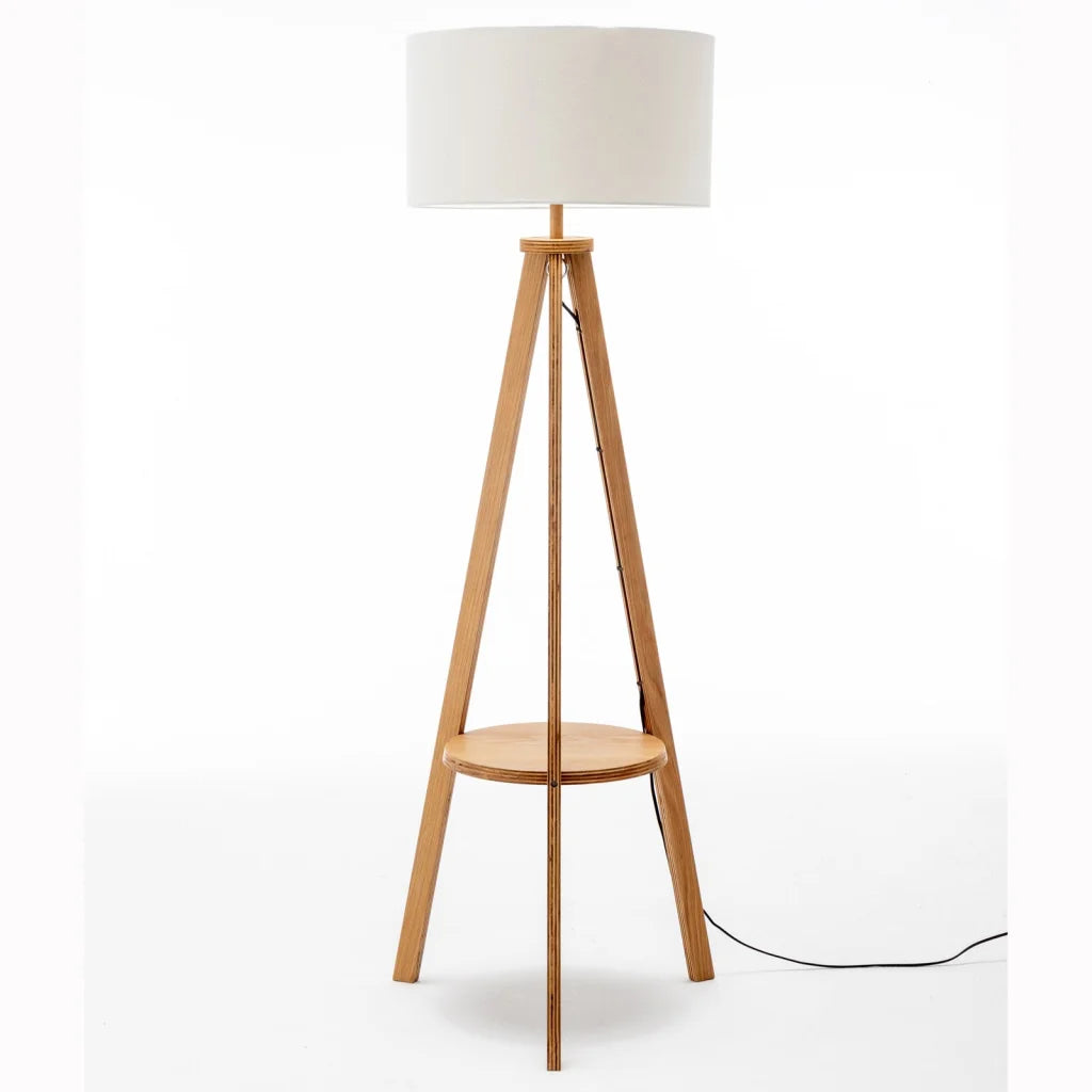 Floor Lamp Natural Wooden Tripod with Round Wood Shelf