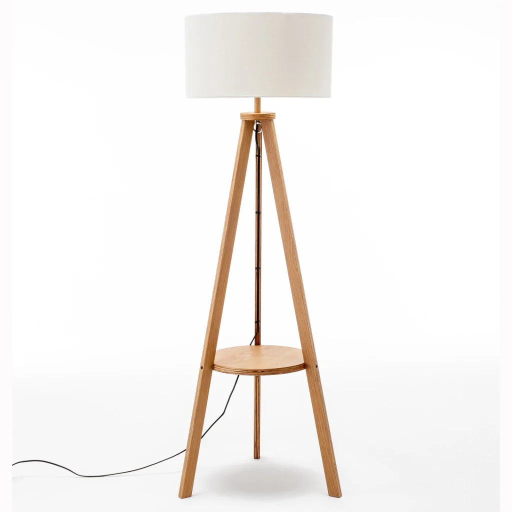 Floor Lamp Natural Wooden Tripod with Round Wood Shelf