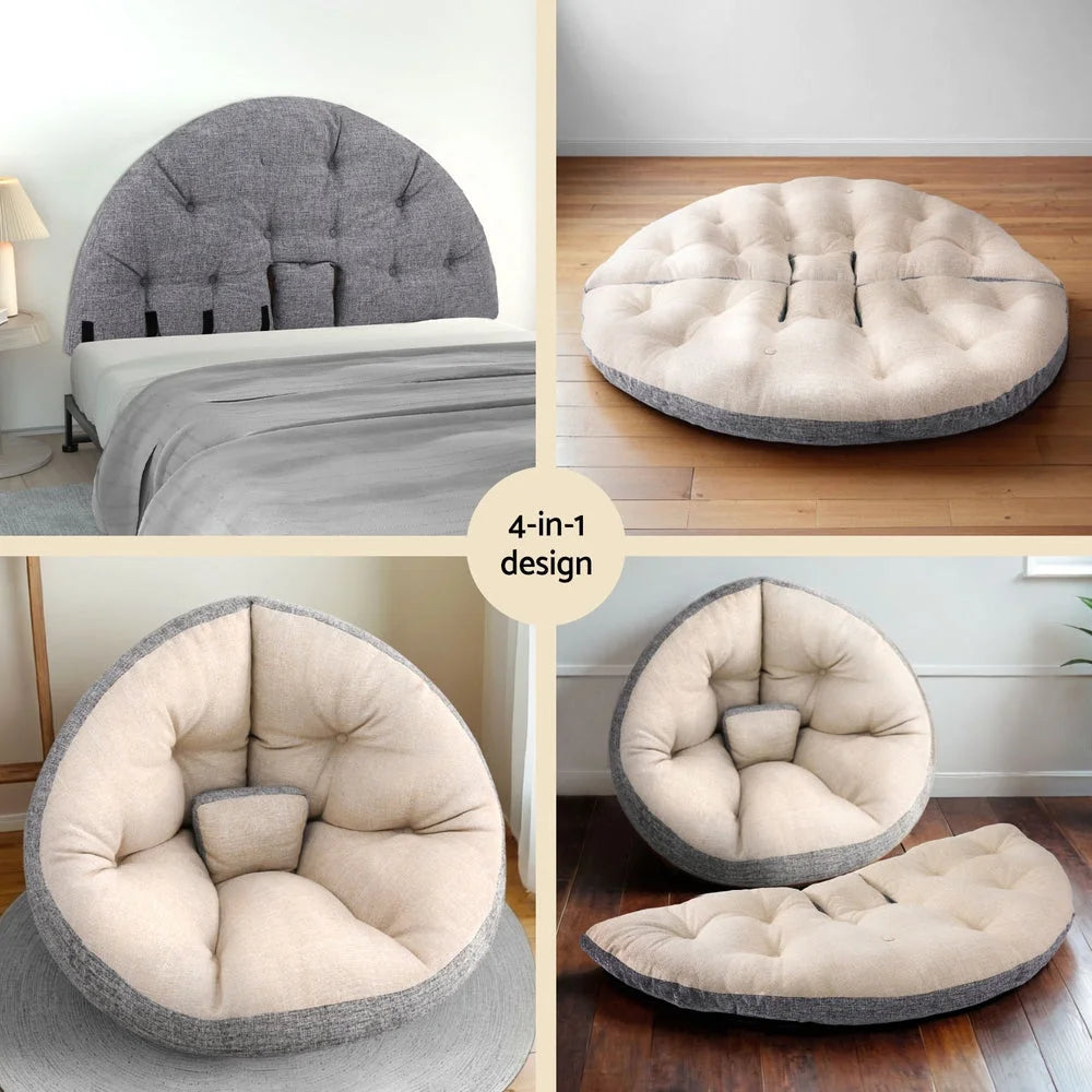Beige floor lounge sofa with fold-out sofa bed sections and soft upholstery
