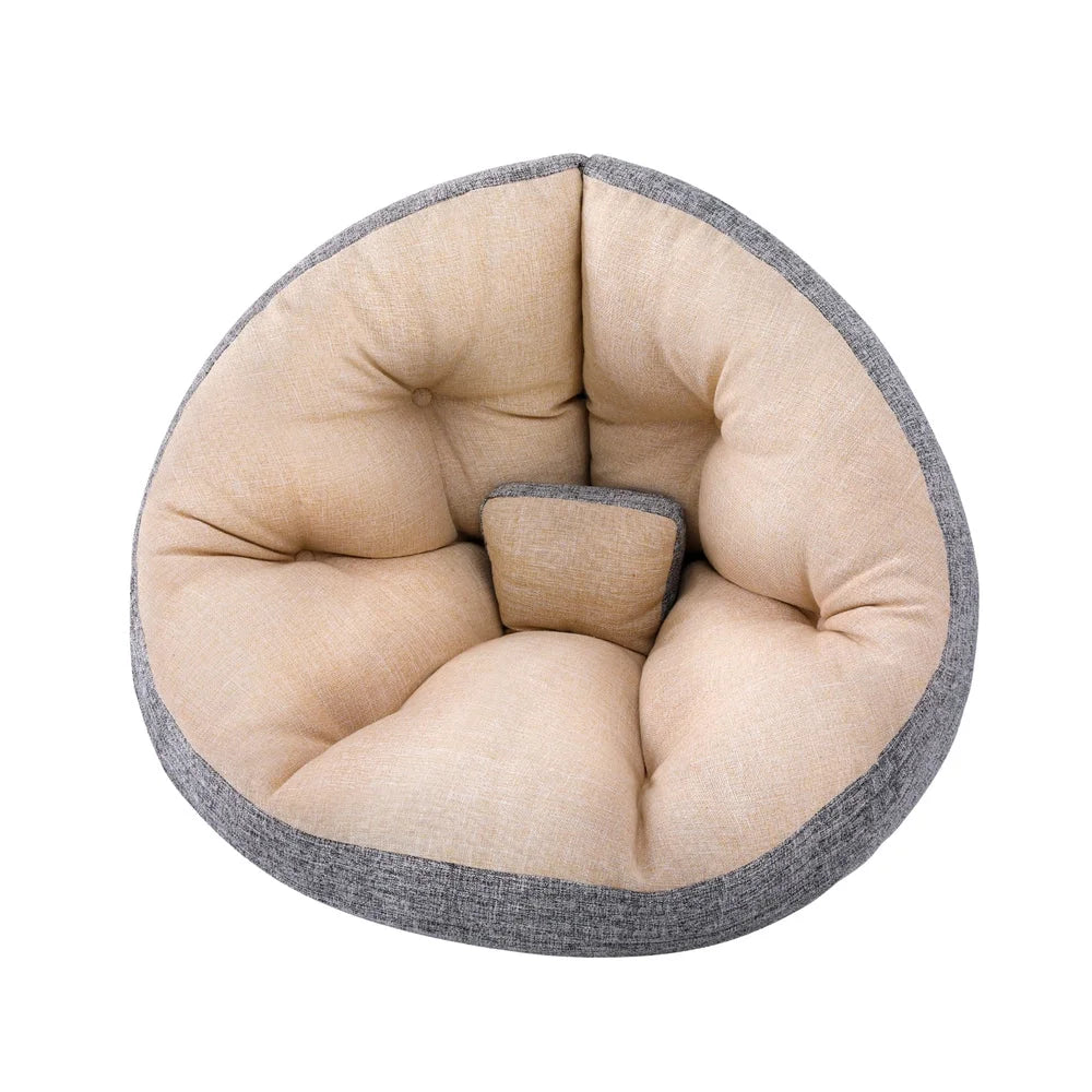 Beige floor lounge sofa with grey floor lounge cushions and backrest panels