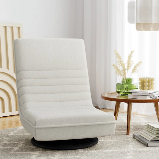 White linen floor lounge sofa with velvet floor cushions and low lounge back