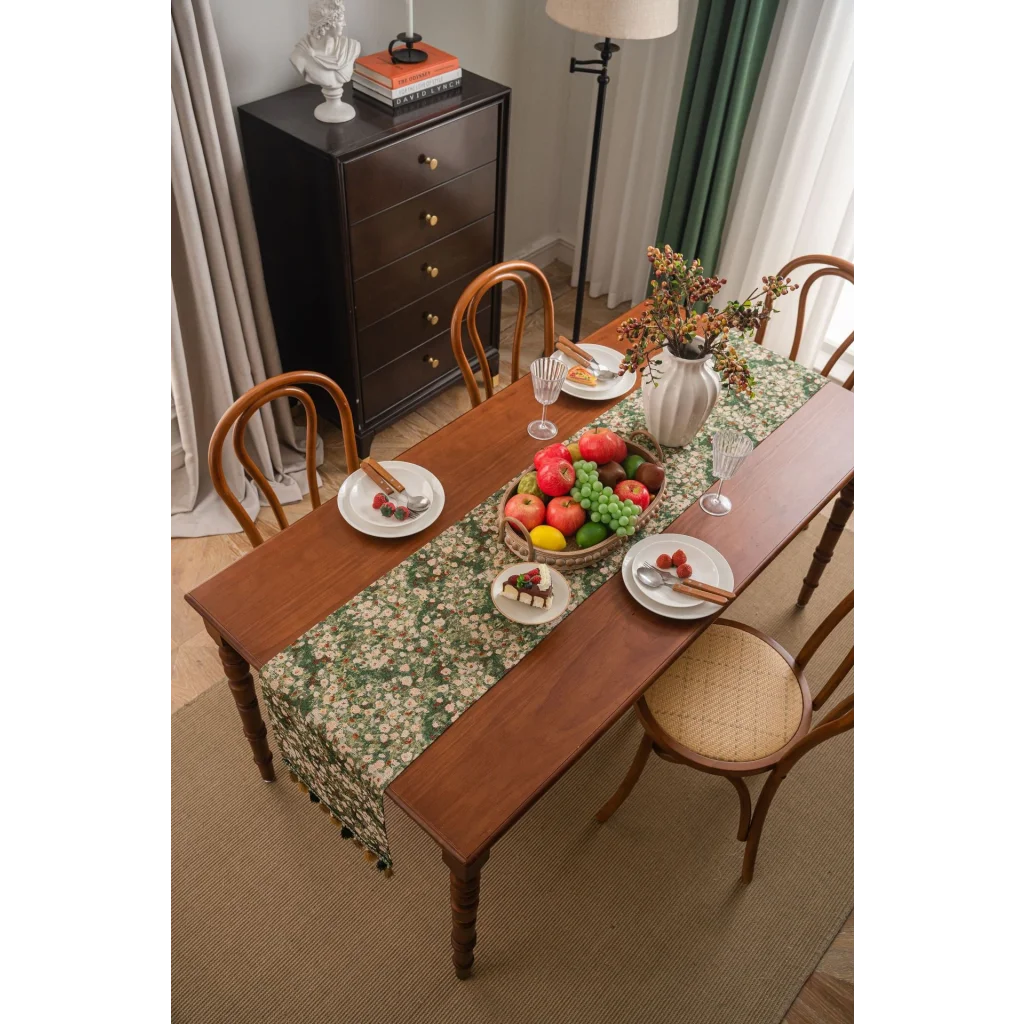 Floral Table Runner with Tassels - Jacquard Green Farmhouse