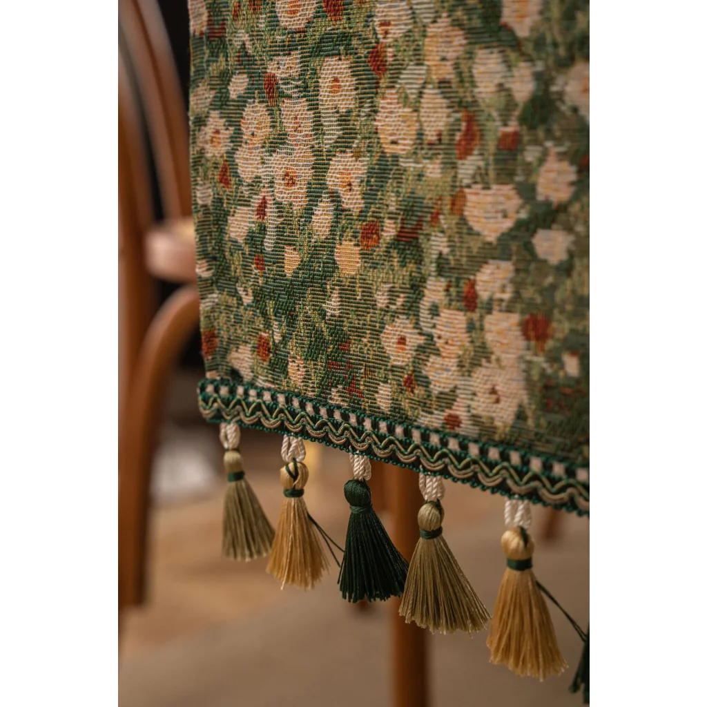 Floral Table Runner with Tassels - Jacquard Green Farmhouse