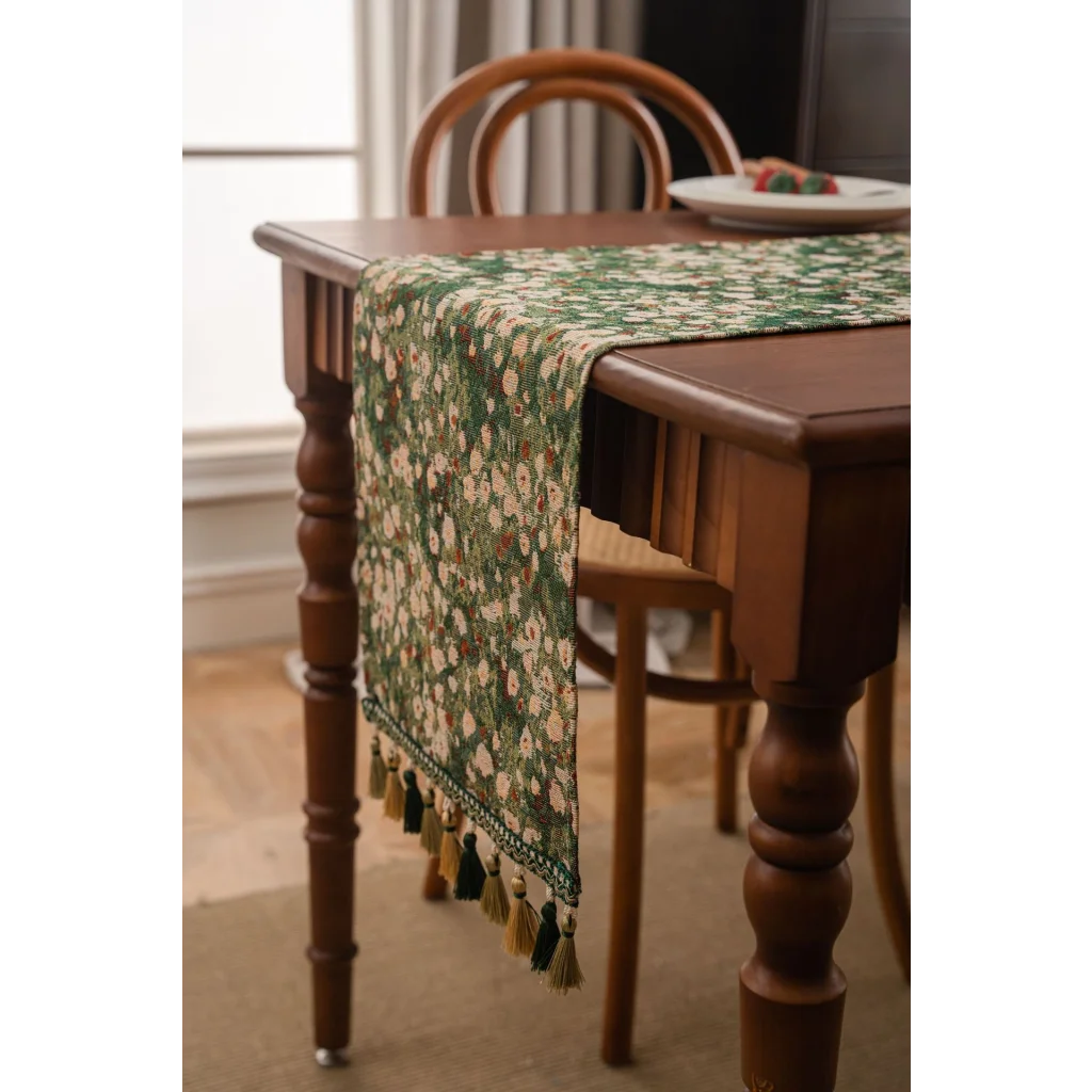 Floral Table Runner with Tassels - Jacquard Green Farmhouse