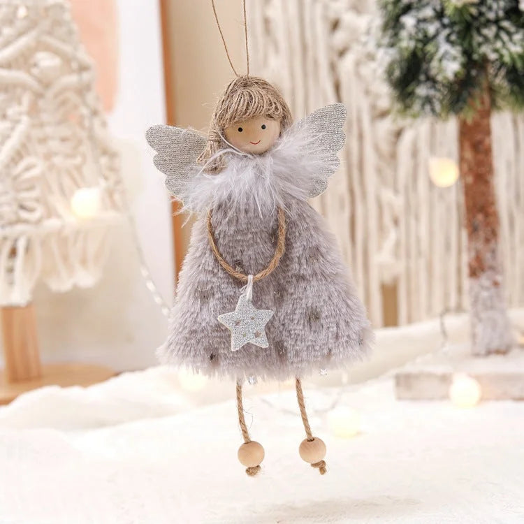 Fluffy Angel Hanging Ornament with Heart and Glitter Wings
