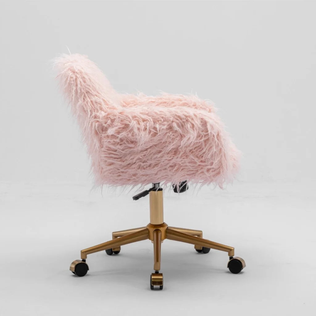 Pink office chair with hanging seat and curved stand frame