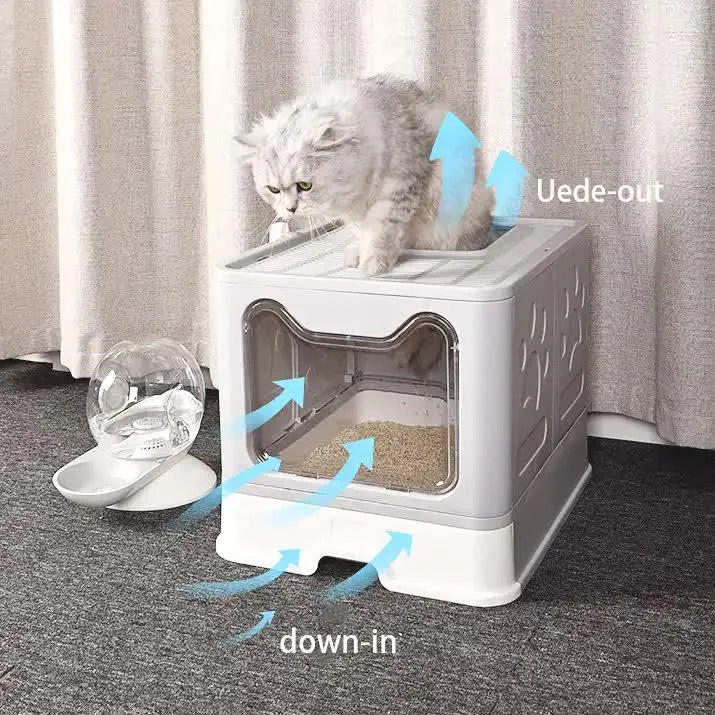 Foldable Cat Litter Box with Pull-Out Tray -Easy Cleaning
