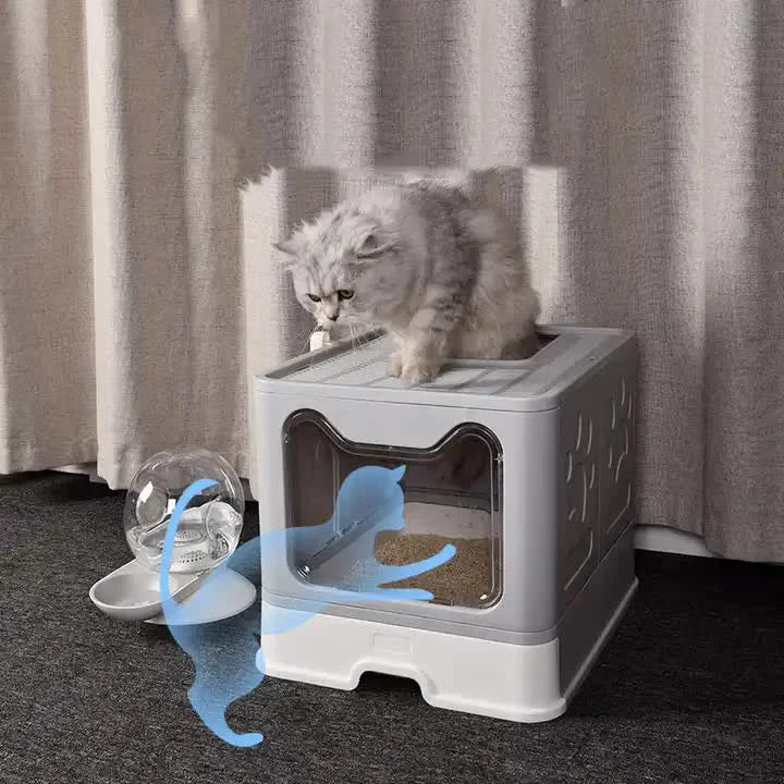 Foldable Cat Litter Box with Pull-Out Tray -Easy Cleaning