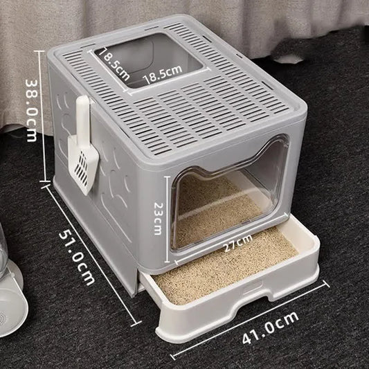 Foldable Cat Litter Box with Pull-Out Tray -Easy Cleaning