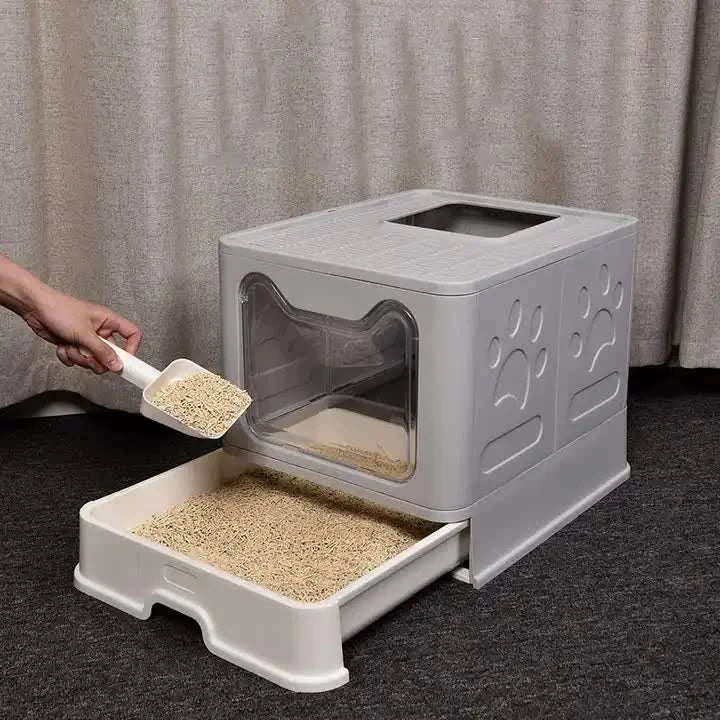 Foldable Cat Litter Box with Pull-Out Tray -Easy Cleaning