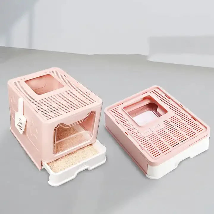 Foldable Cat Litter Box with Pull-Out Tray -Easy Cleaning