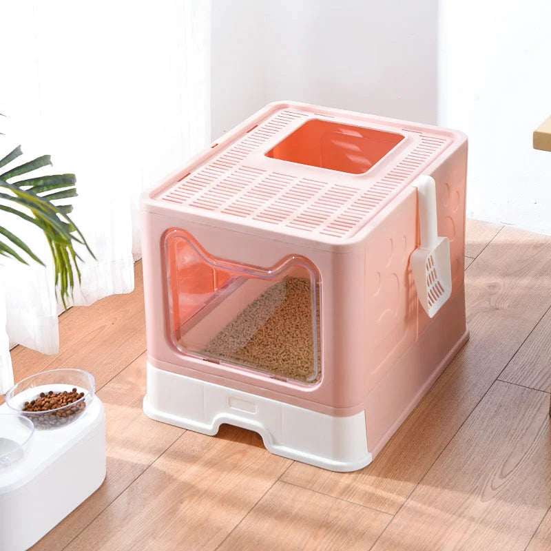 Foldable Cat Litter Box with Pull-Out Tray -Easy Cleaning