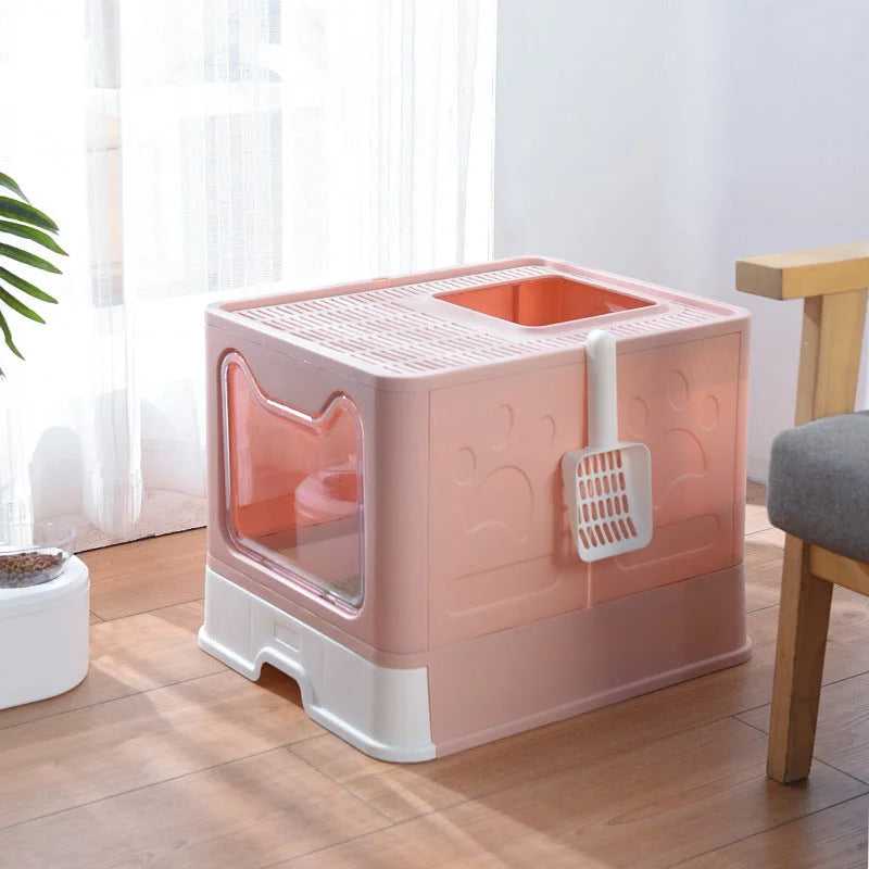 Foldable Cat Litter Box with Pull-Out Tray -Easy Cleaning