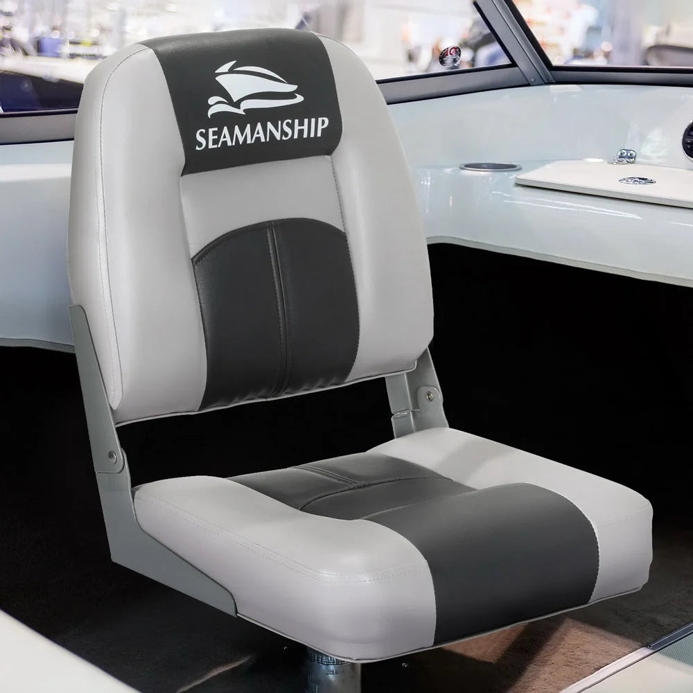 Charcoal folding boat seats with storage context and item proportions