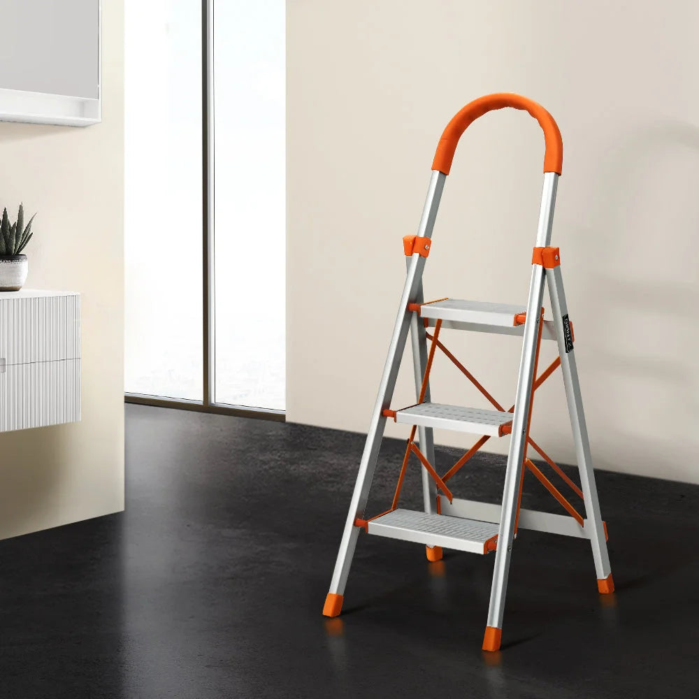 Aluminium folding ladder step with storage shelves and support legs
