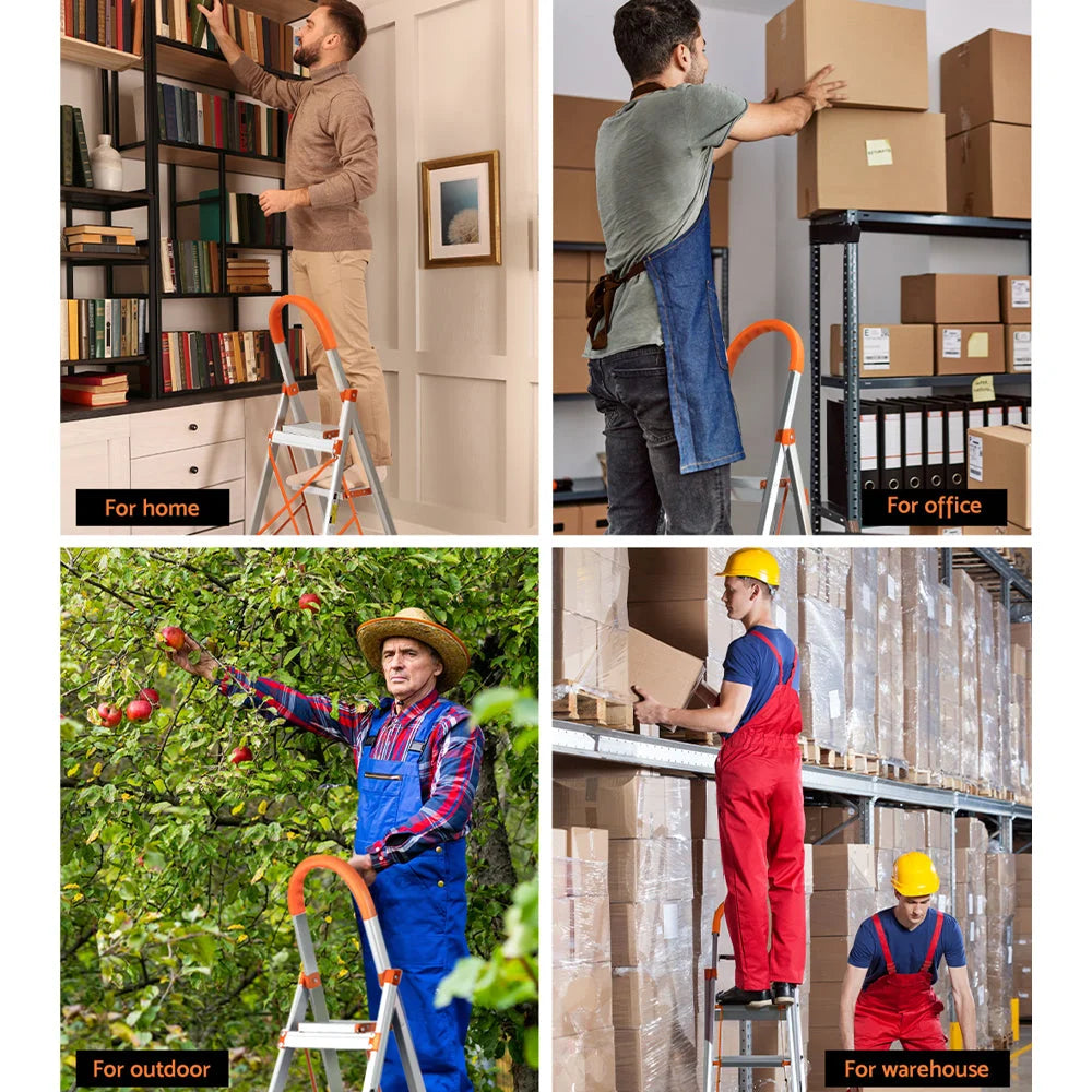 Aluminium folding ladder step with matching accessories and clear item layout
