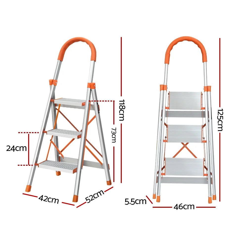 Aluminium folding ladder step with handles, panels and accessory pieces