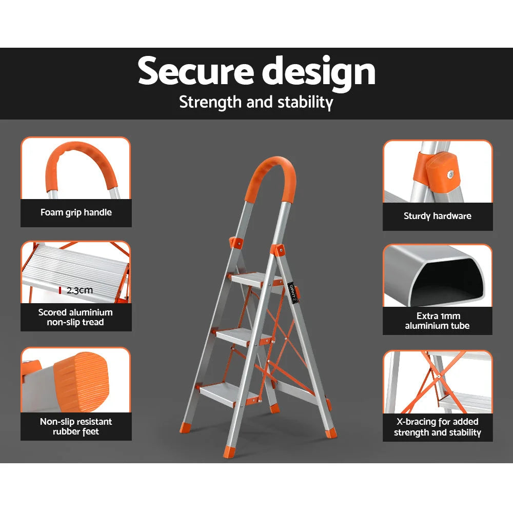 Folding ladder step with caster wheels and side handle rail