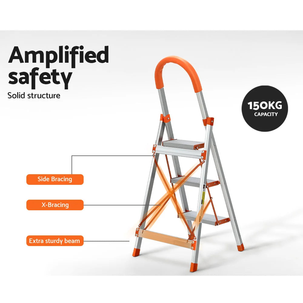 Folding ladder step with handles, panels and accessory pieces