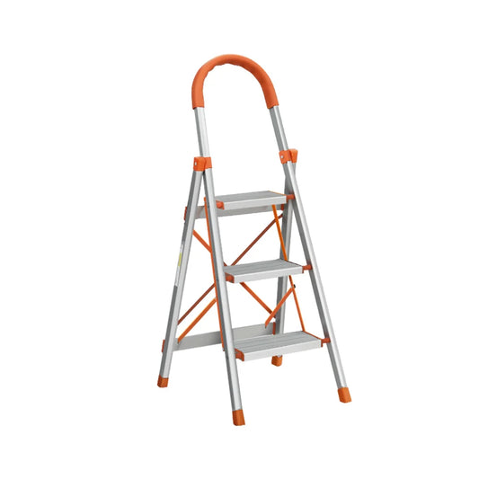 Aluminium folding ladder step with caster wheels and side handle rail