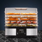 Silver food dehydrator tray with caster wheels and side handle rail