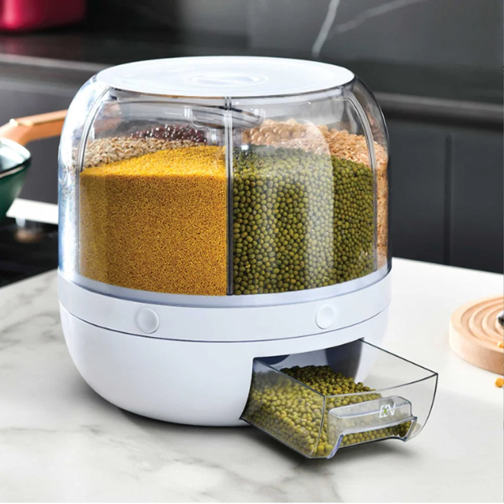 Food Grain Dispenser 6-Grid Rotating 7.2L Large Compartment