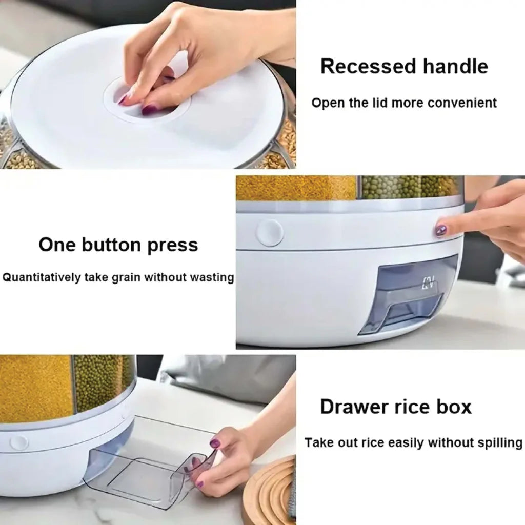 Food Grain Dispenser 6-Grid Rotating 7.2L Large Compartment