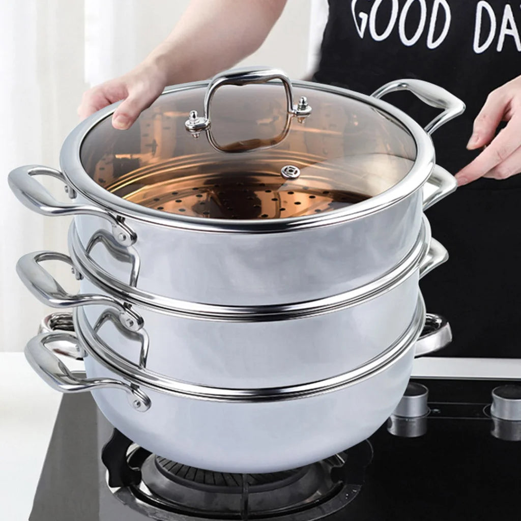 Food Steamer Premium 3 Tier 26cm Heavy Duty Stainless Steel Vegetable Pot Stackable Pan Insert with Glass Lid