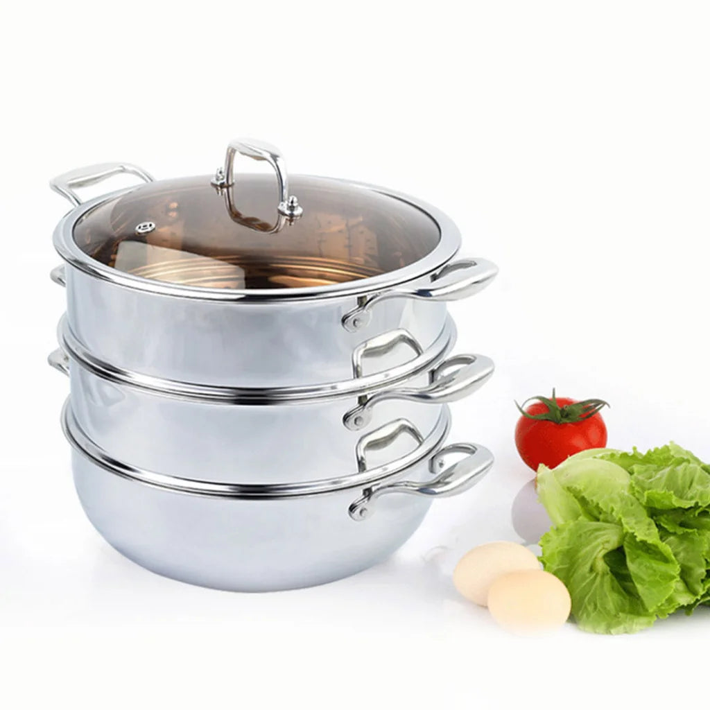 Food Steamer Premium 3 Tier 28cm Heavy Duty Stainless Steel Vegetable Pot Stackable Pan Insert with Glass Lid