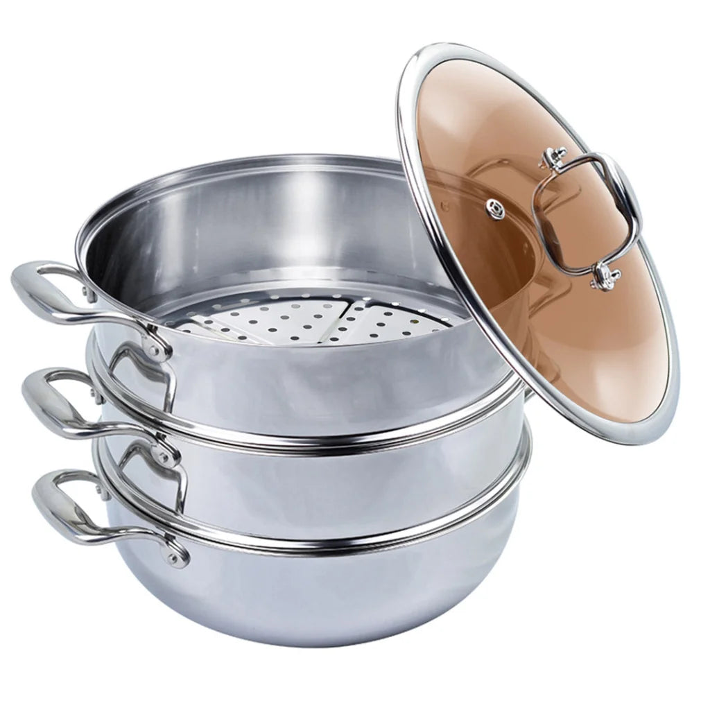 Food Steamer Premium 3 Tier 28cm Heavy Duty Stainless Steel Vegetable Pot Stackable Pan Insert with Glass Lid