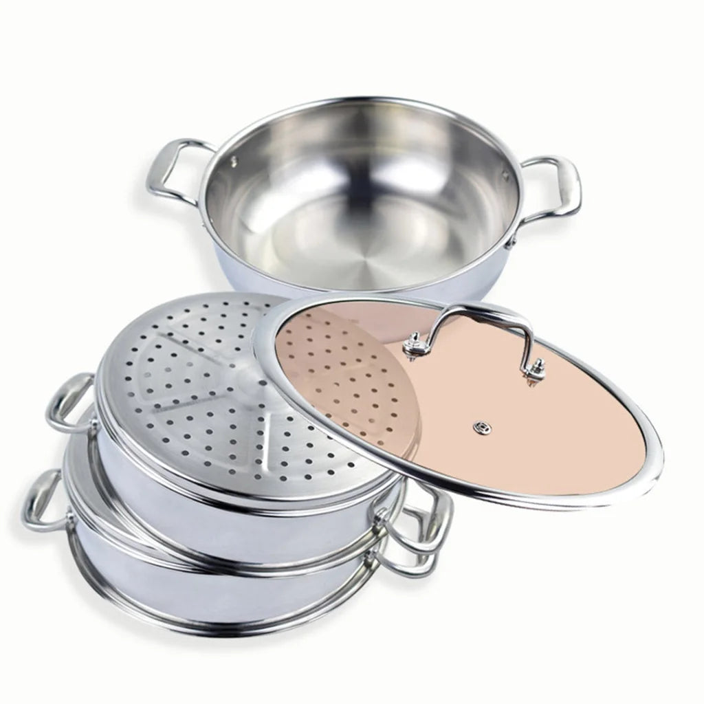 Food Steamer Premium 3 Tier 28cm Heavy Duty Stainless Steel Vegetable Pot Stackable Pan Insert with Glass Lid