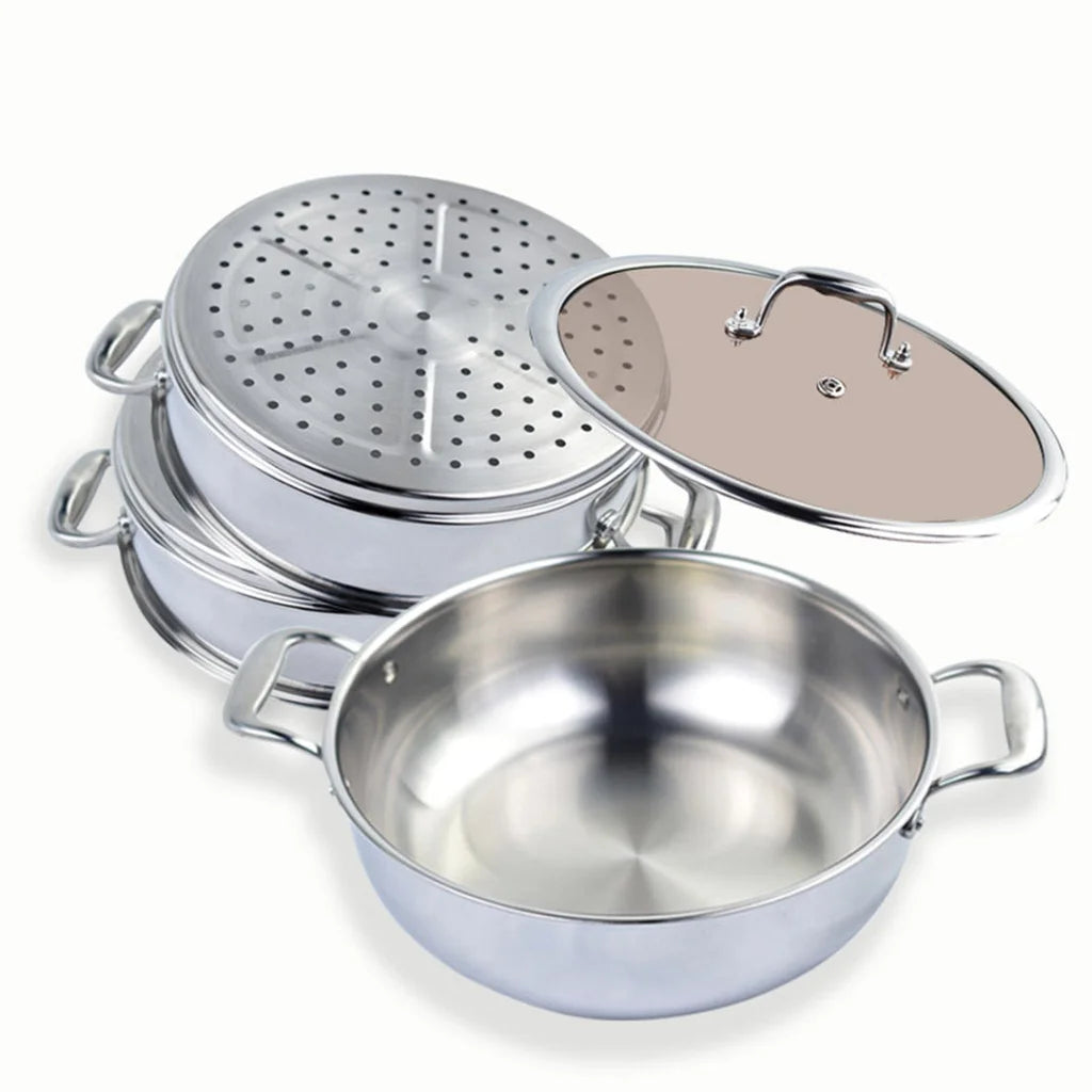 Food Steamer Premium 3 Tier 30cm Heavy Duty Stainless Steel Vegetable Pot Stackable Pan Insert with Glass Lid