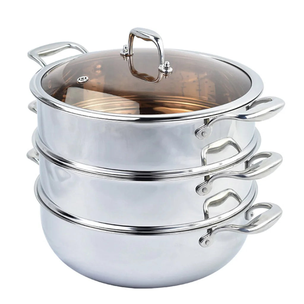 Food Steamer Premium 3 Tier 30cm Heavy Duty Stainless Steel Vegetable Pot Stackable Pan Insert with Glass Lid