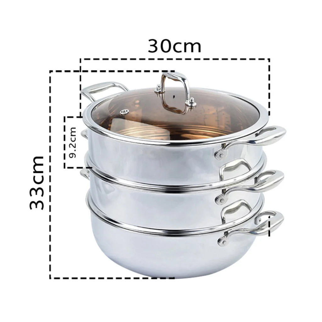 Food Steamer Premium 3 Tier 30cm Heavy Duty Stainless Steel Vegetable Pot Stackable Pan Insert with Glass Lid