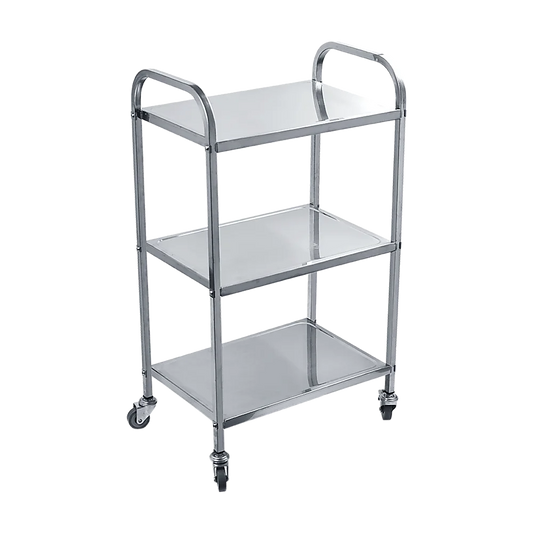 Steel storage trolley with shelves and rolling caster wheels